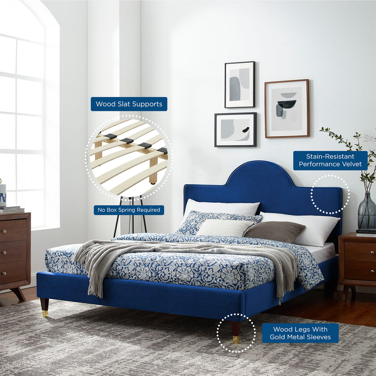Arise Upholstered Velvet Queen Bed, Navy