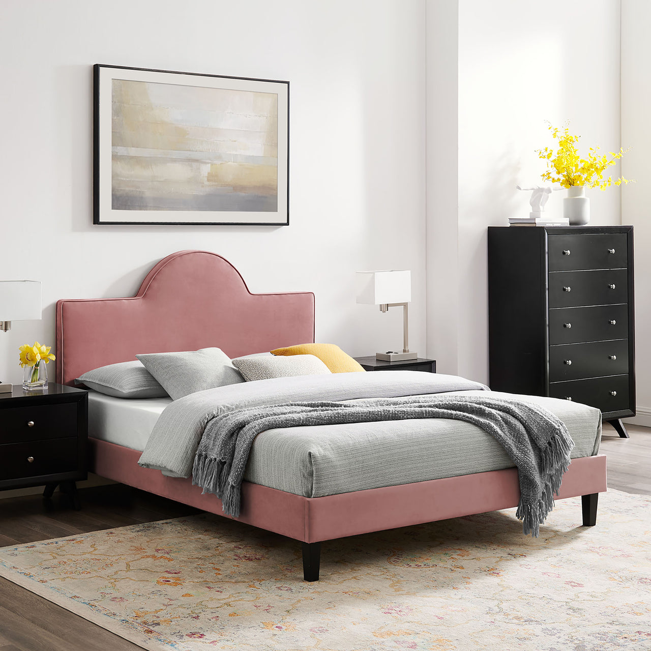 Dusk Upholstered Velvet Queen Bed, Dusty Rose