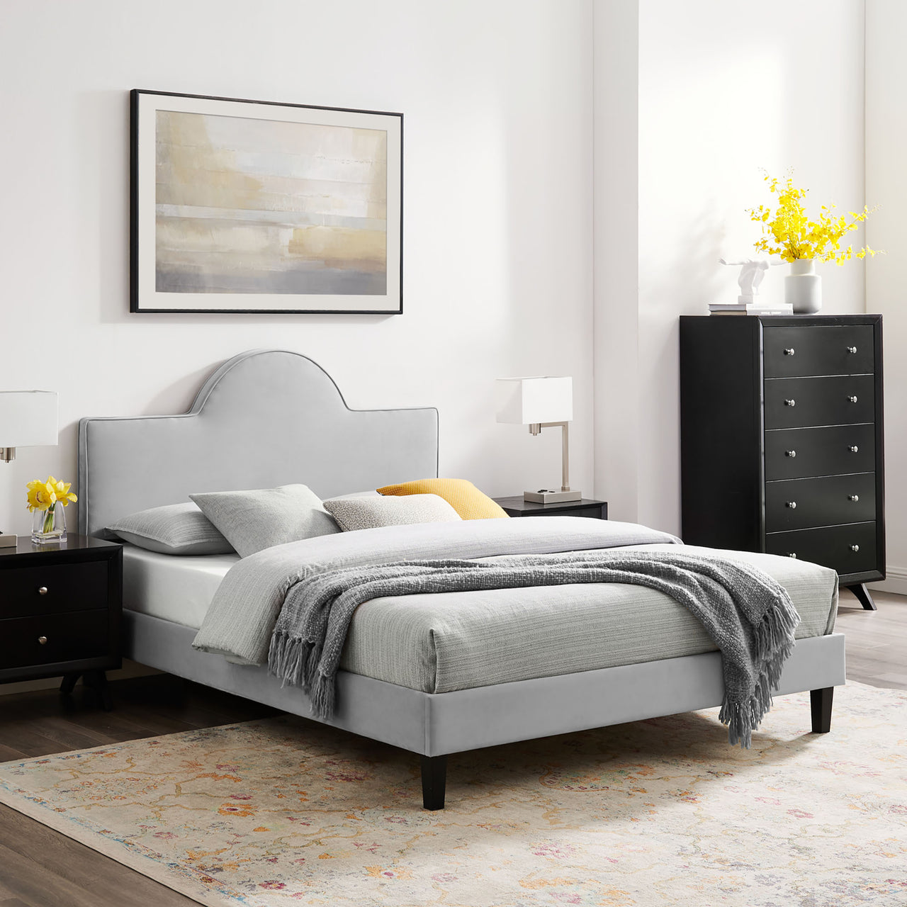 Dusk Upholstered Velvet Queen Bed, Light Gray