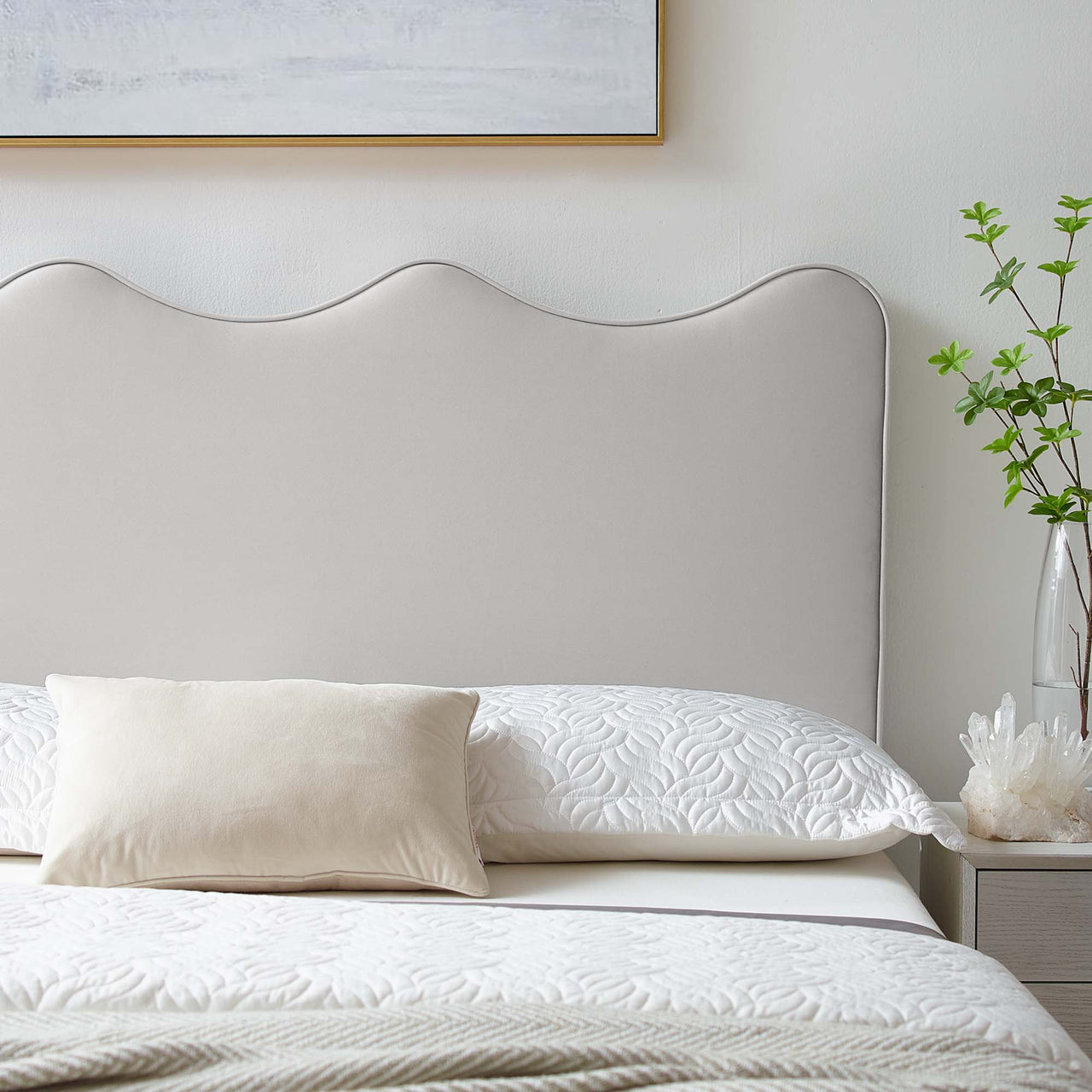Ondine Upholstered Velvet Twin Headboard, Light Gray