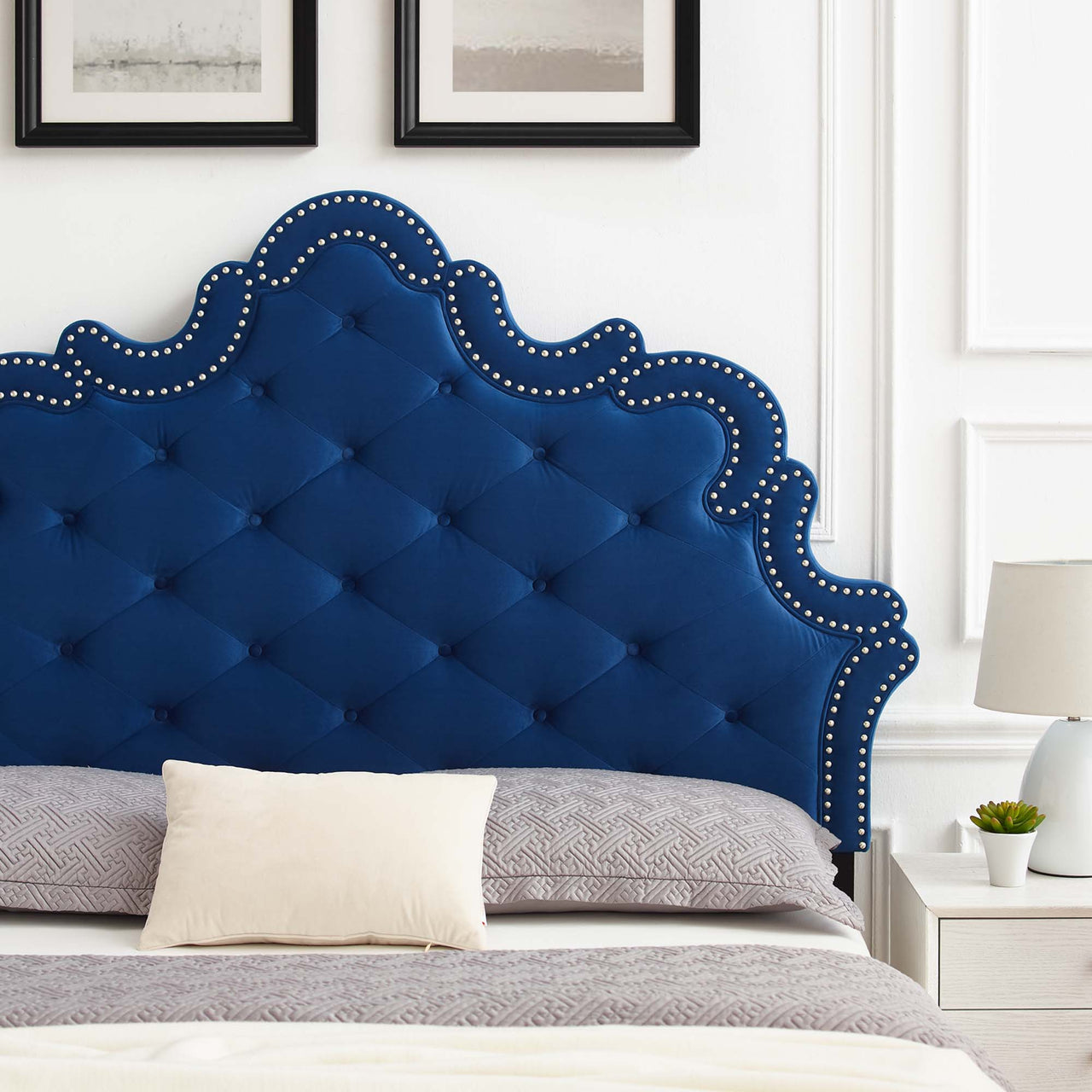 Prevana Upholstered Velvet Twin Headboard, Navy