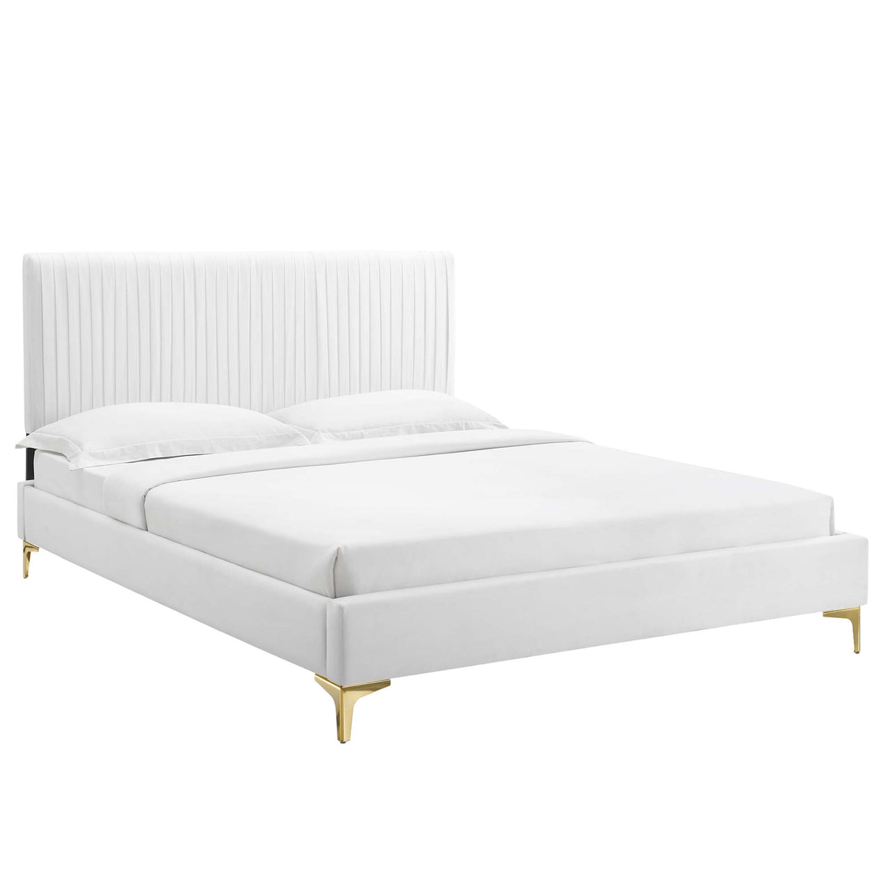 Harper Velvet Queen Platform Bed, White & Gold