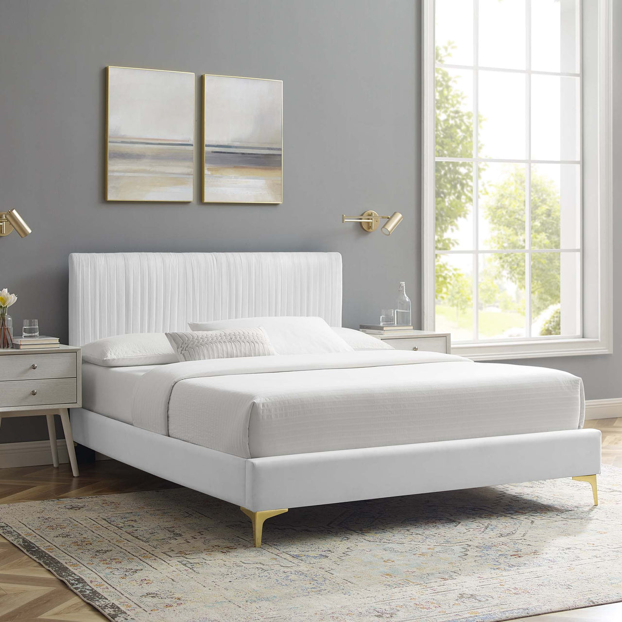 Harper Velvet Queen Platform Bed, White & Gold