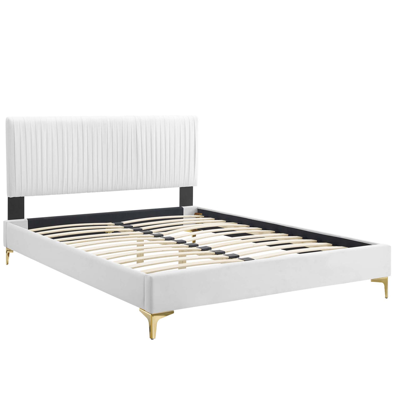 Harper Velvet Queen Platform Bed, White & Gold