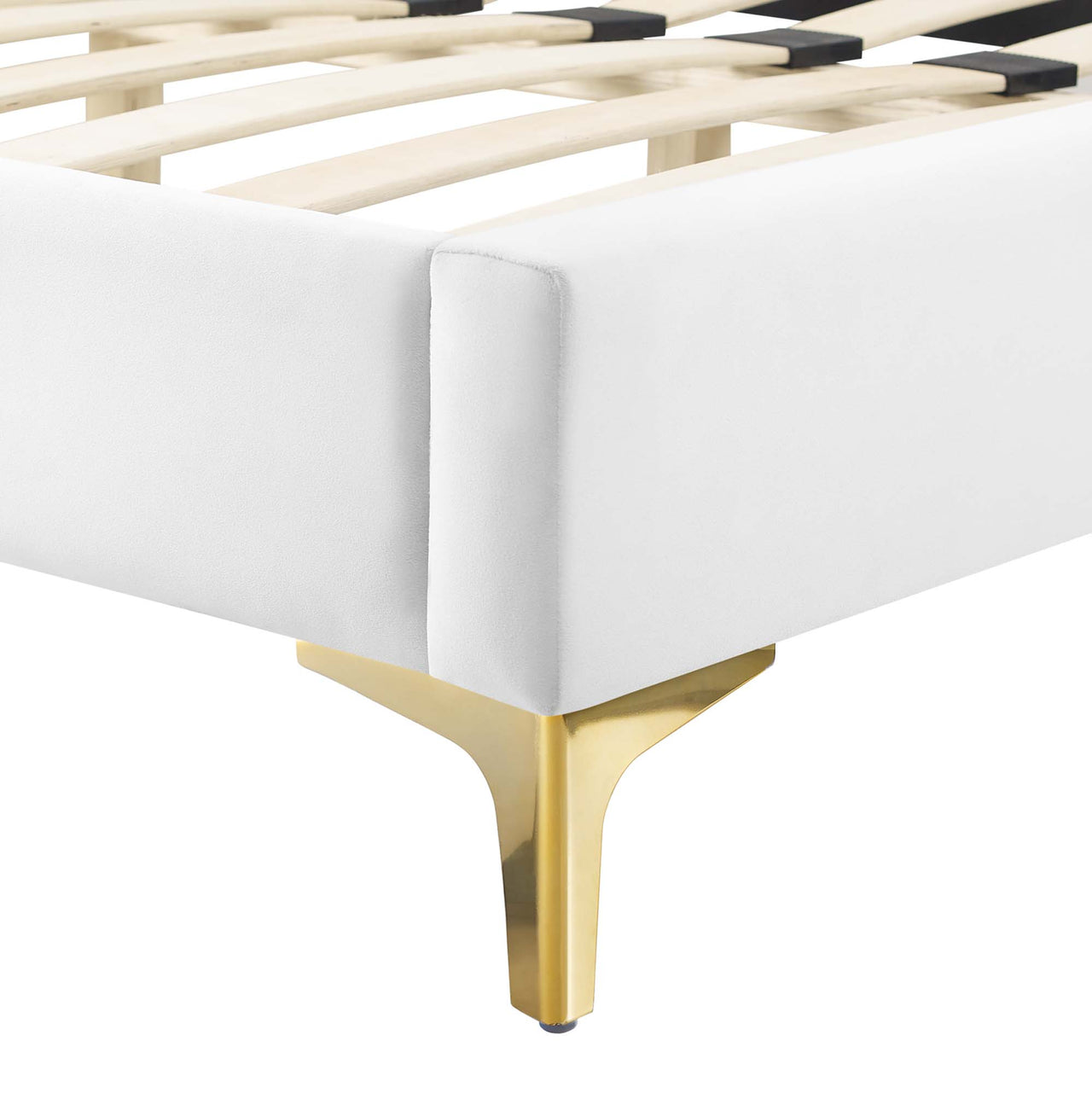 Harper Velvet Queen Platform Bed, White & Gold