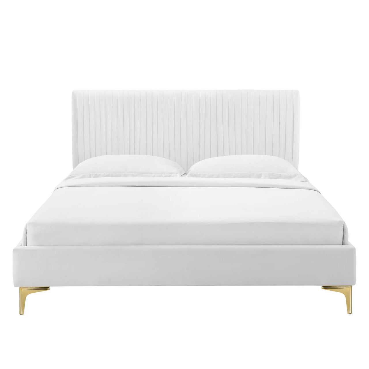 Harper Velvet Queen Platform Bed, White & Gold