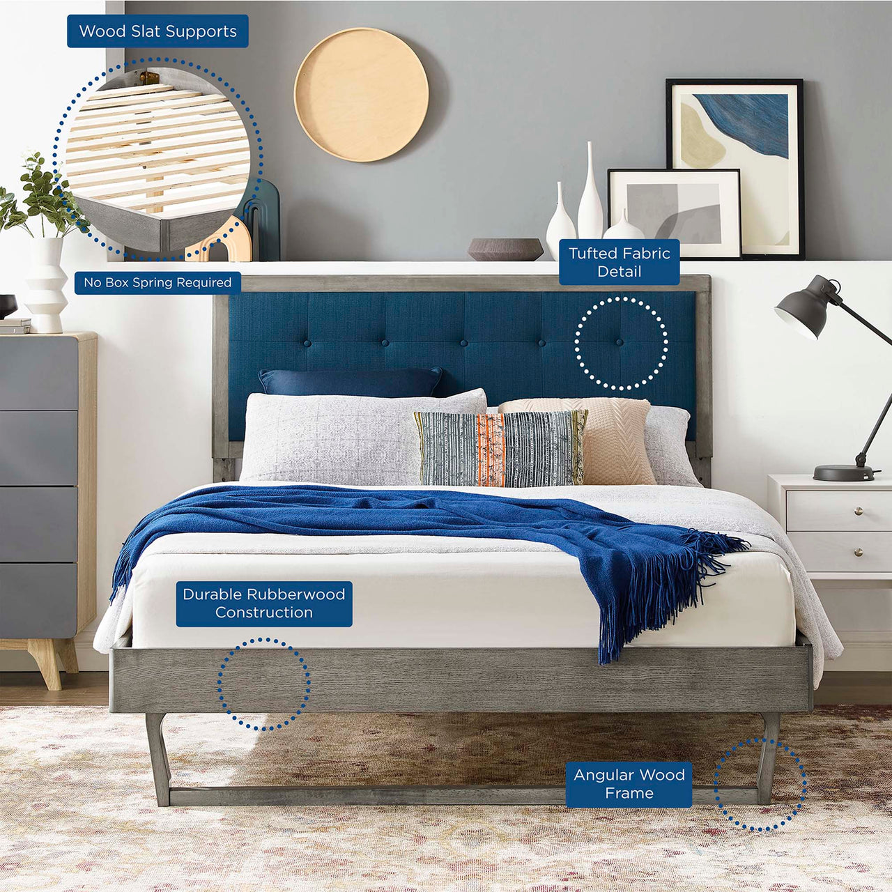 Weslow Button-Tufted King Platform Bed, Gray & Azure