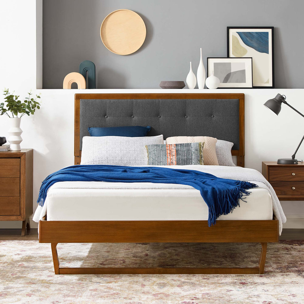 Weslow Button-Tufted King Platform Bed, Walnut & Charcoal