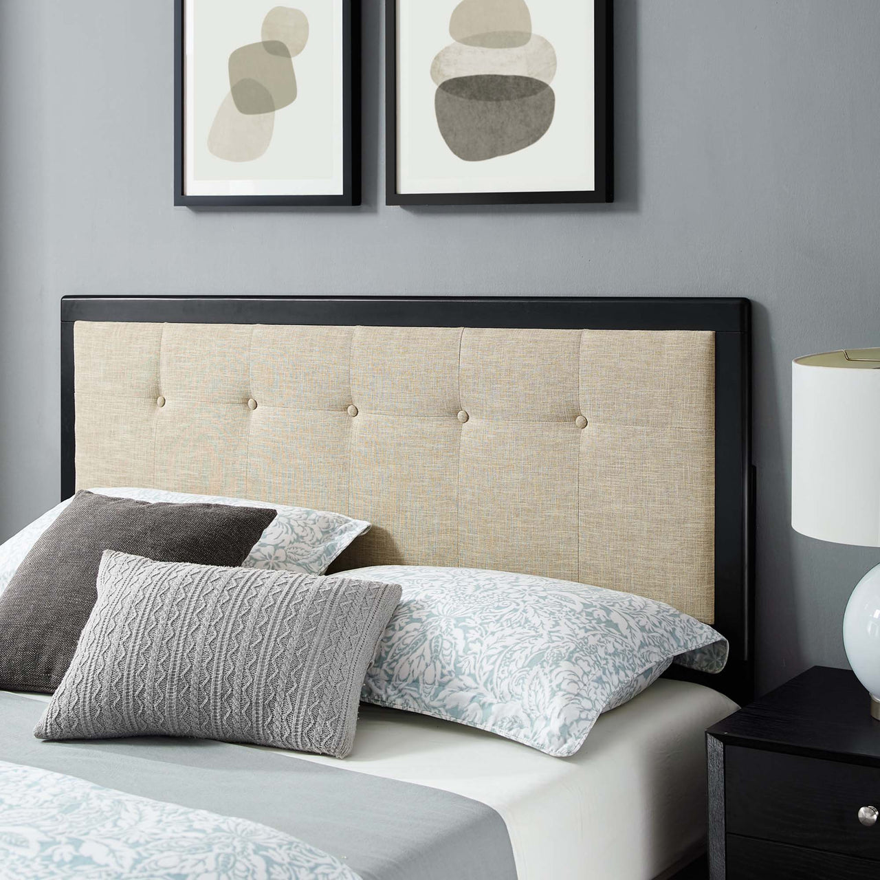Weslow Button-Tufted King Platform Bed, Black & Beige
