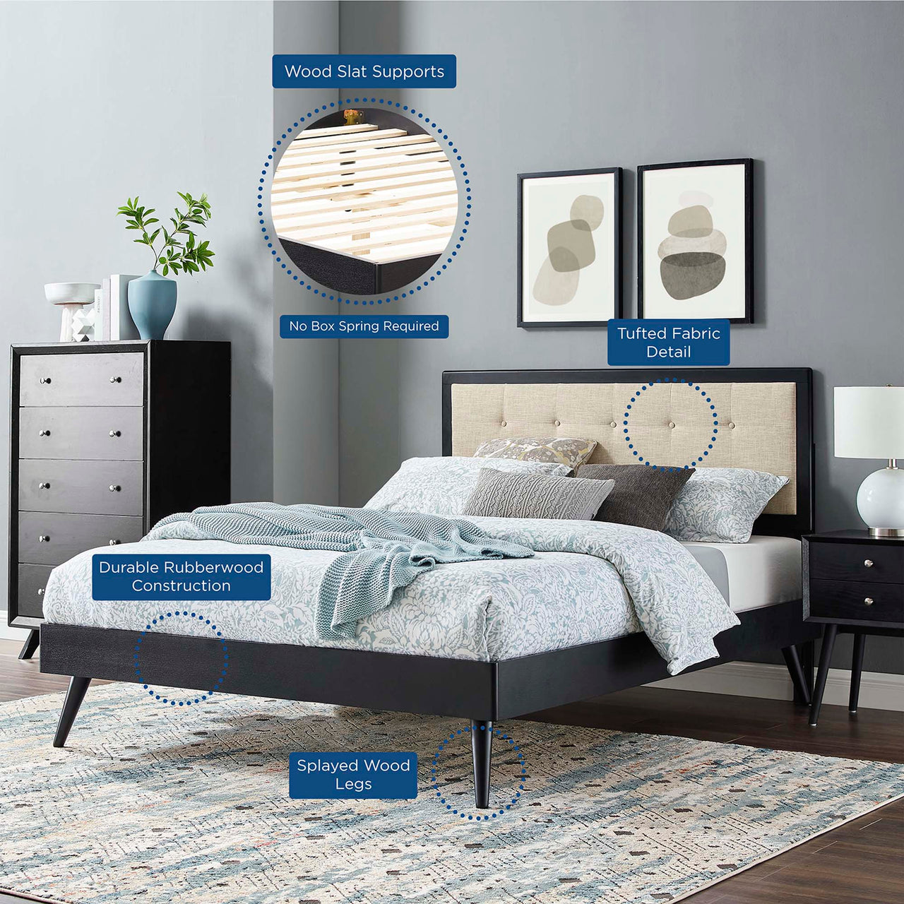Weslow Button-Tufted King Platform Bed, Black & Beige