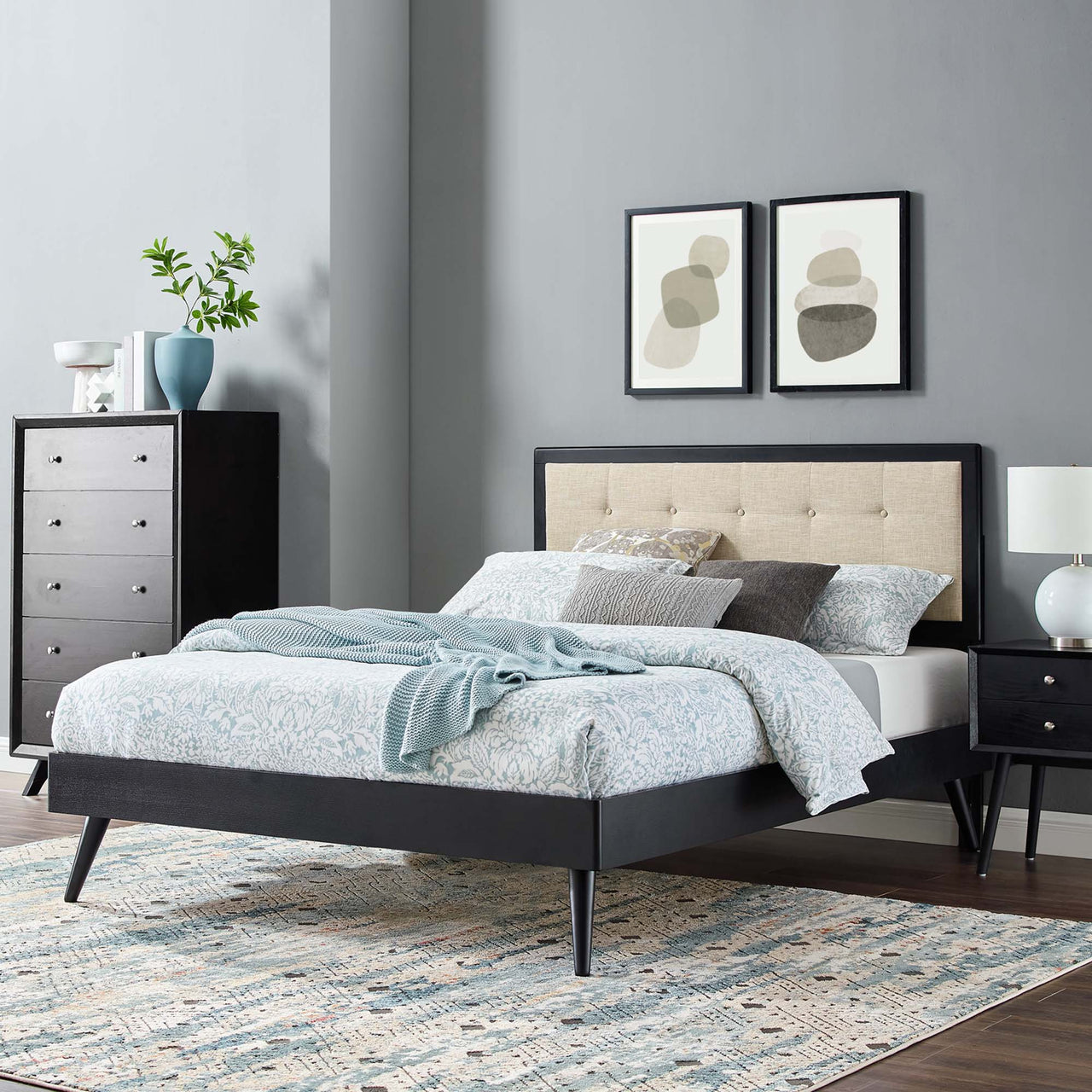 Weslow Button-Tufted King Platform Bed, Black & Beige