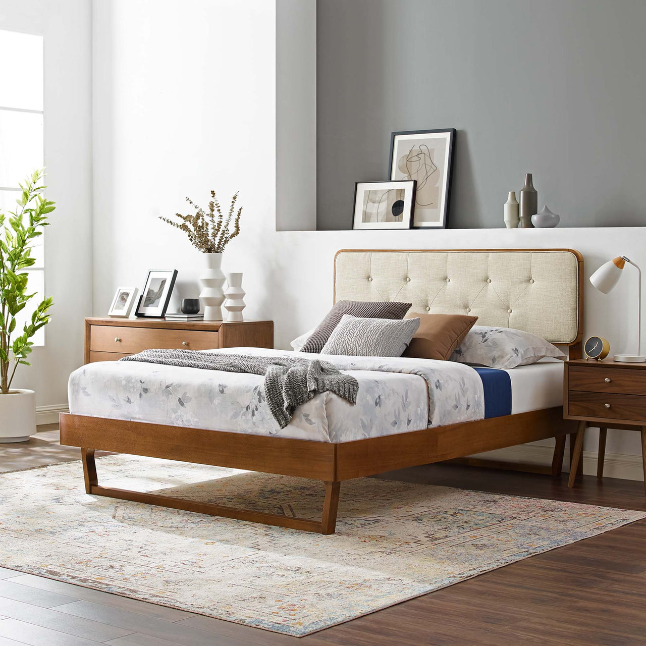 Bosque Upholstered Panel Full Platform Bed, Walnut & Beige