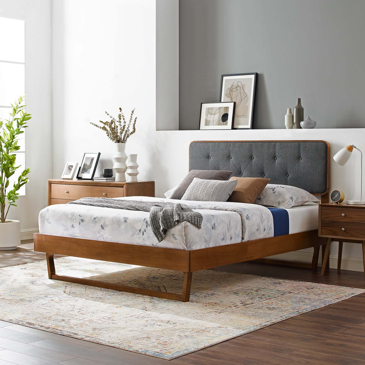 Bosque Upholstered Panel Full Platform Bed, Walnut & Charcoal