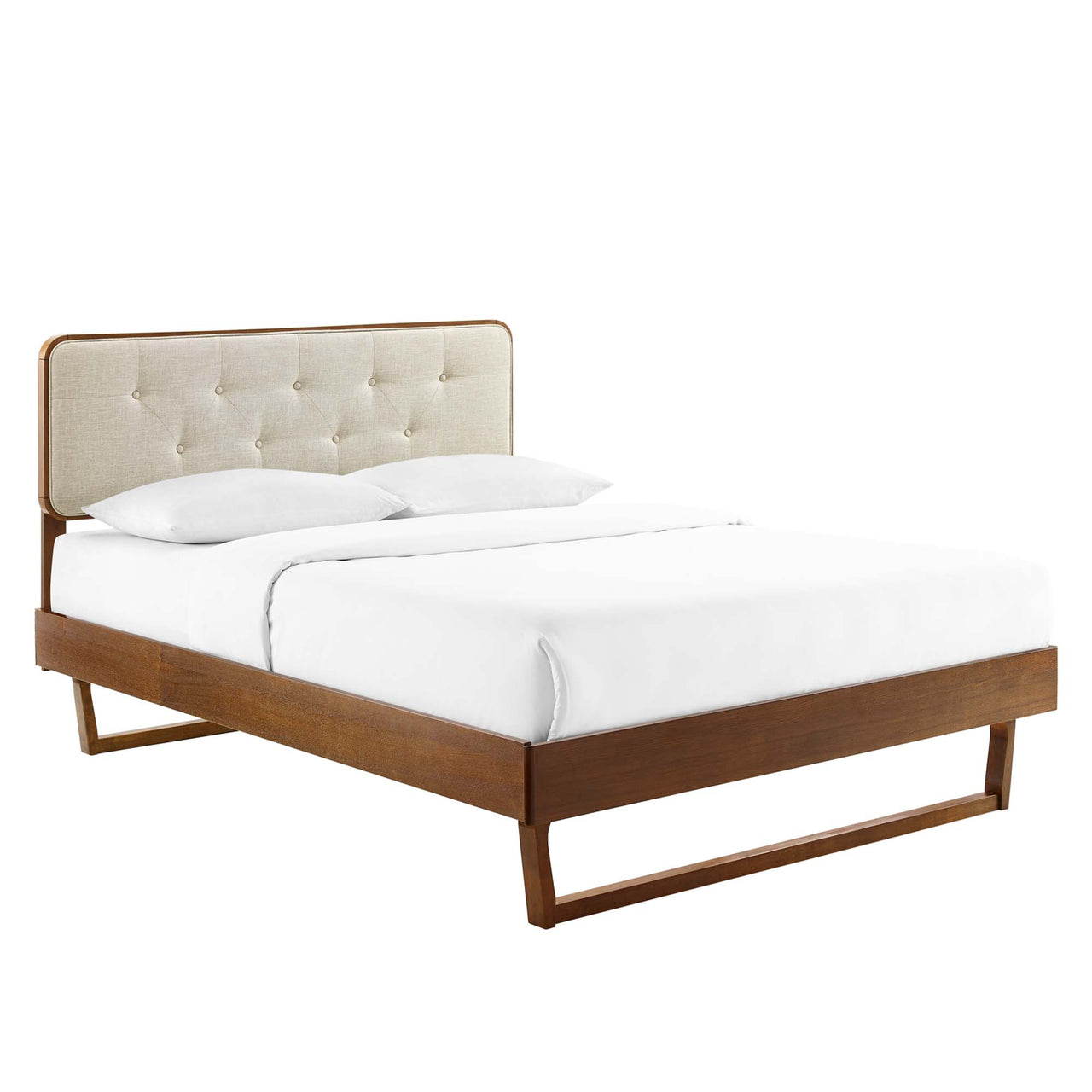 Bosque Upholstered Panel Twin Platform Bed, Walnut & Beige