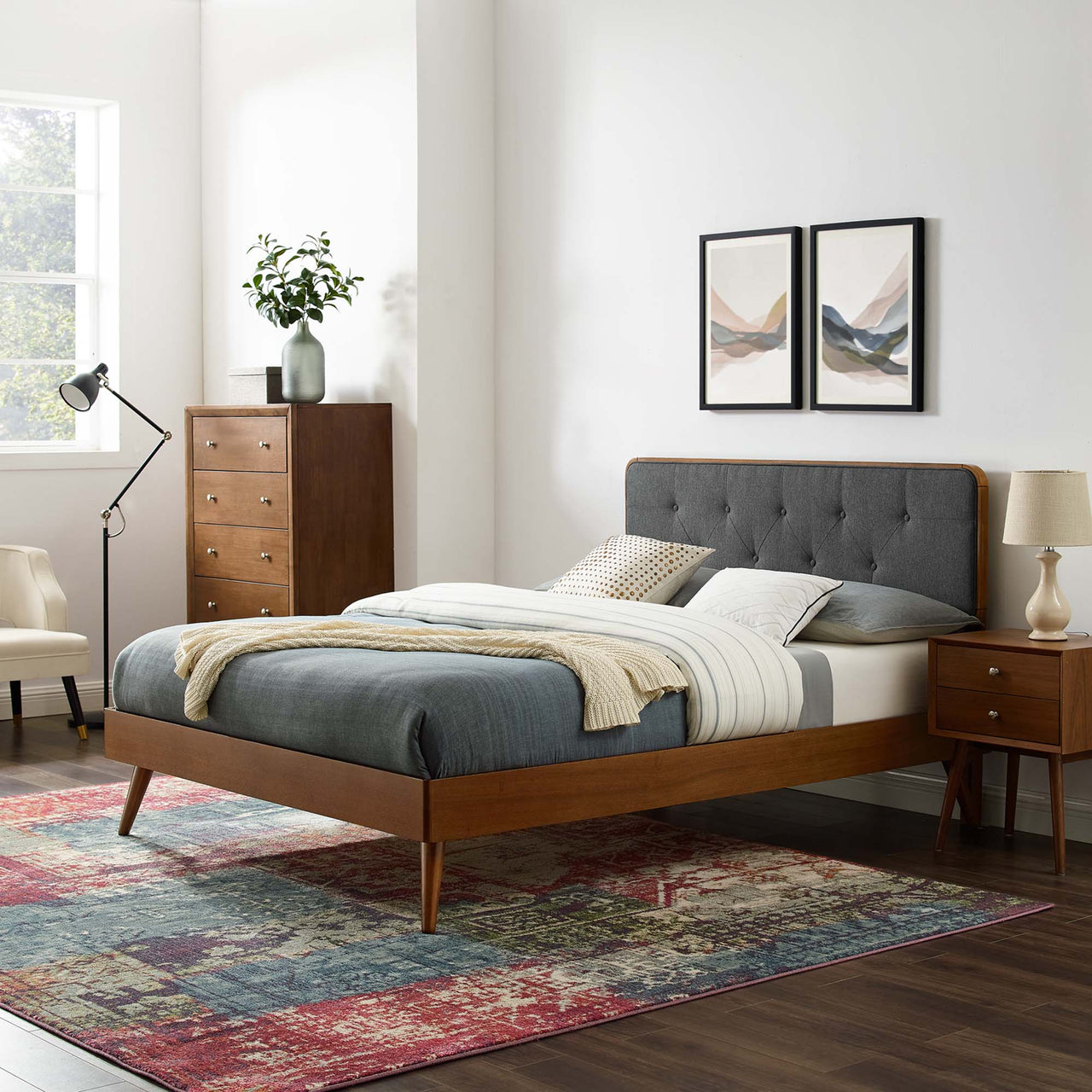 Bosque Upholstered Panel King Platform Bed, Walnut & Charcoal