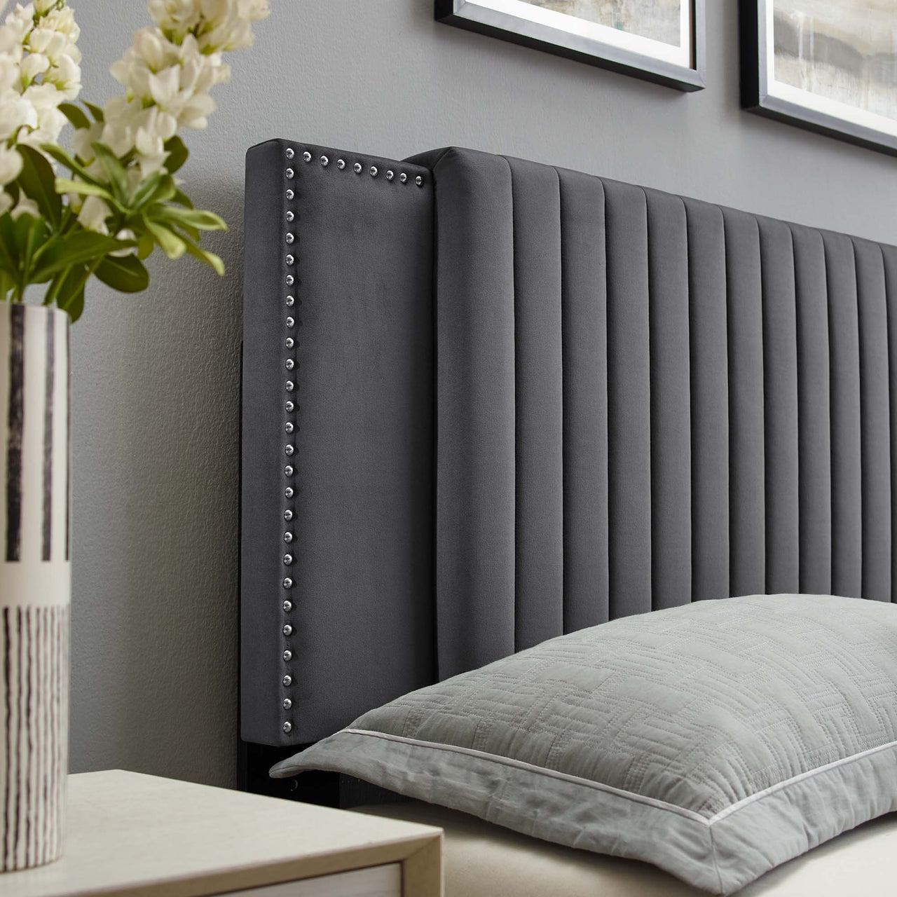 Tressa Upholstered Velvet Twin Headboard, Charcoal