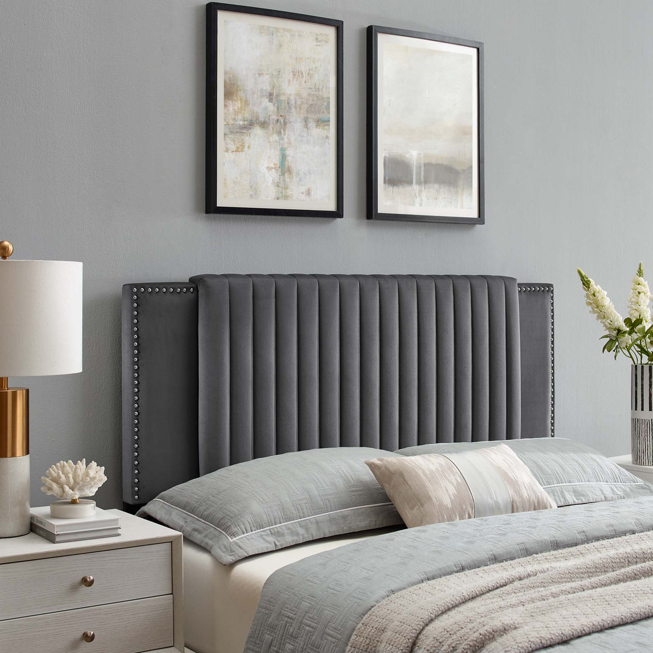 Tressa Upholstered Velvet Twin Headboard, Charcoal
