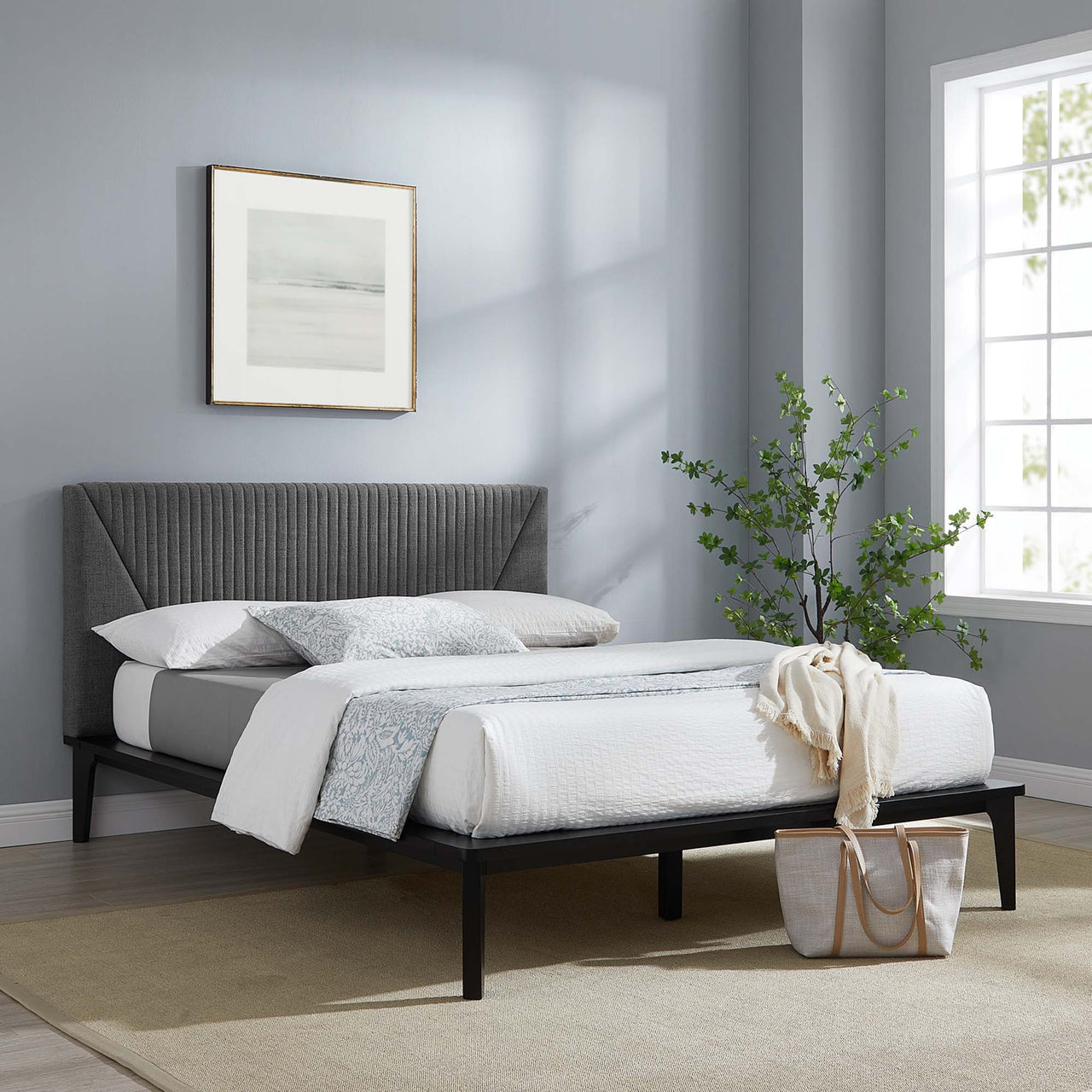 Noelle Upholstered Queen Platform Bed, Black & Gray
