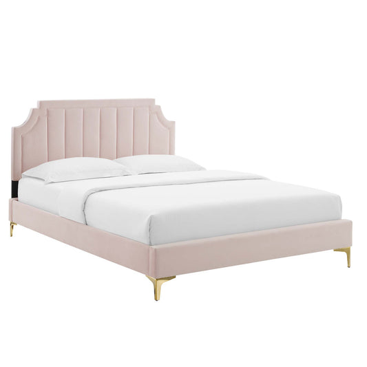 Archway Upholstered Velvet Queen Platform Bed, Pink