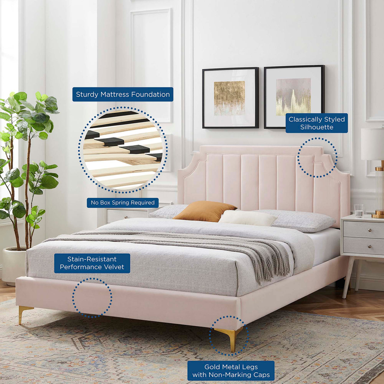 Archway Upholstered Velvet Queen Platform Bed, Pink