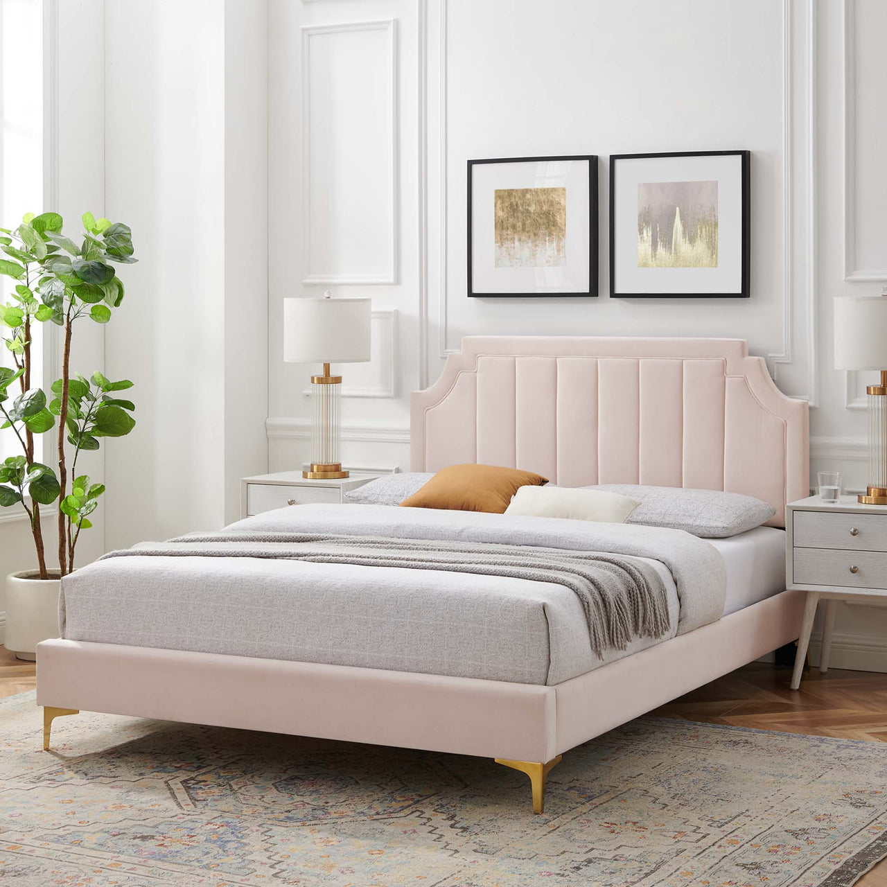 Archway Upholstered Velvet Queen Platform Bed, Pink