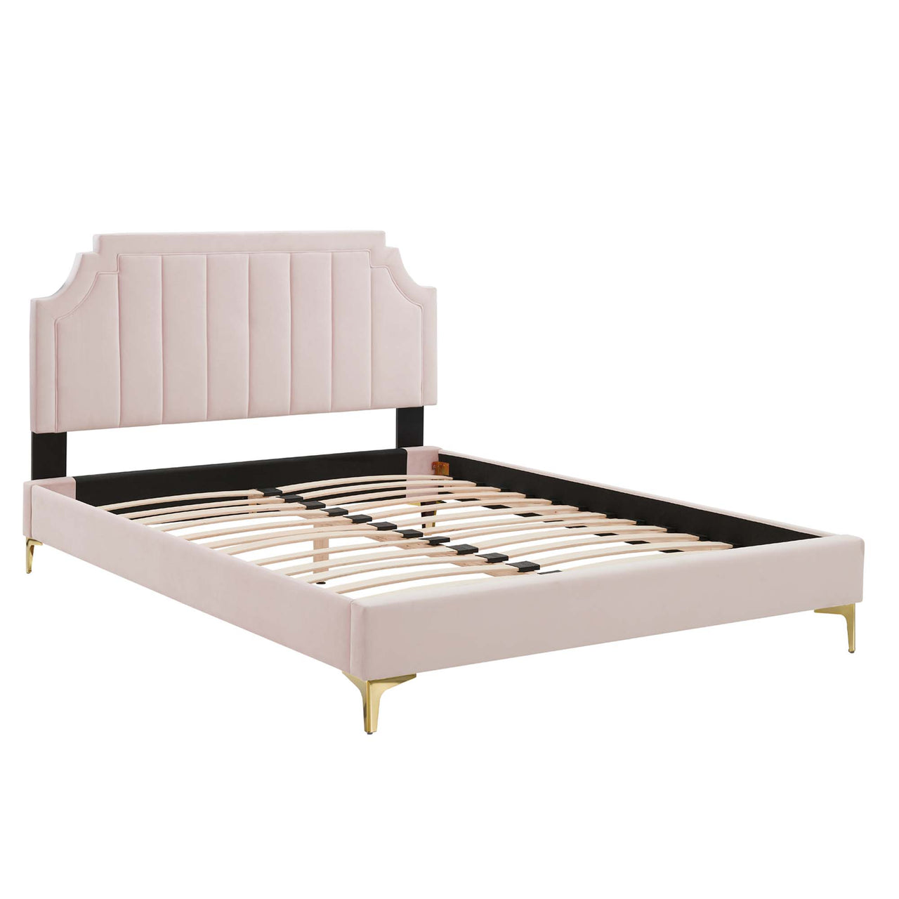 Archway Upholstered Velvet Queen Platform Bed, Pink