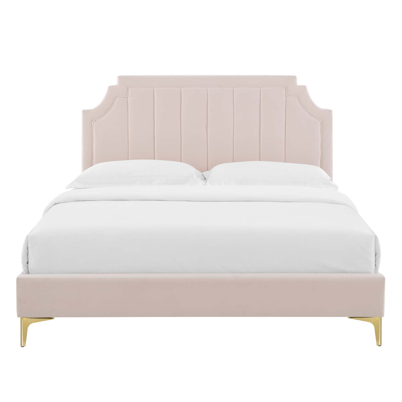 Archway Upholstered Velvet Queen Platform Bed, Pink