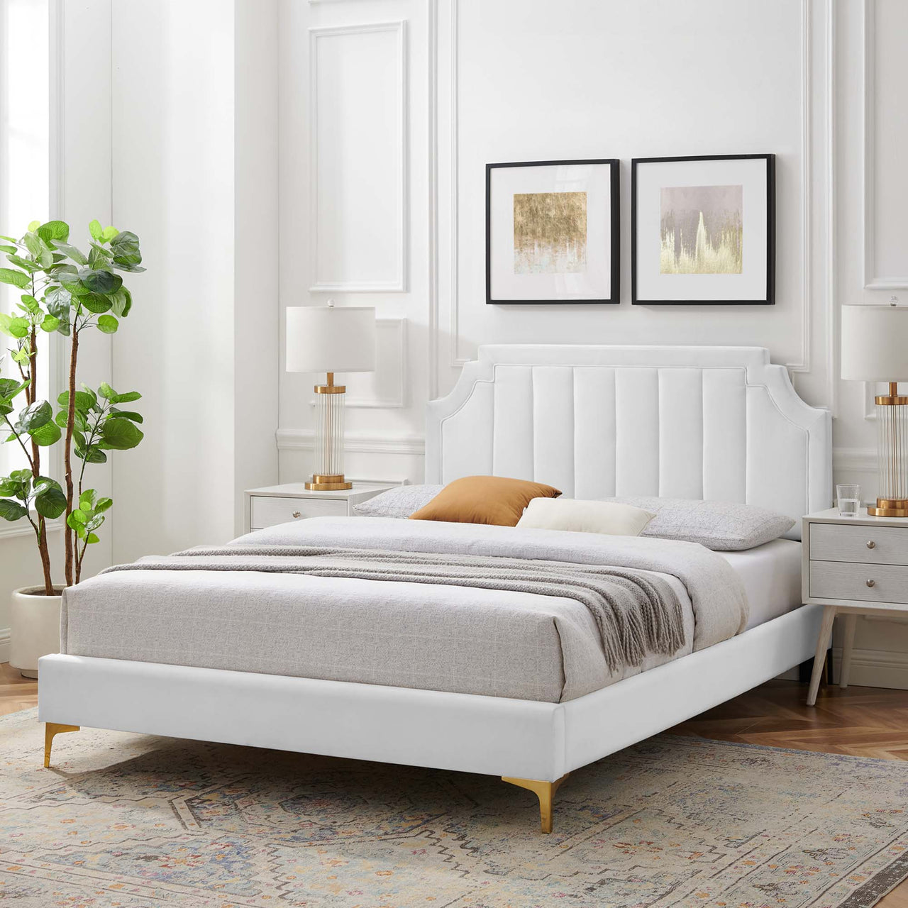Archway Upholstered Velvet Queen Platform Bed, White