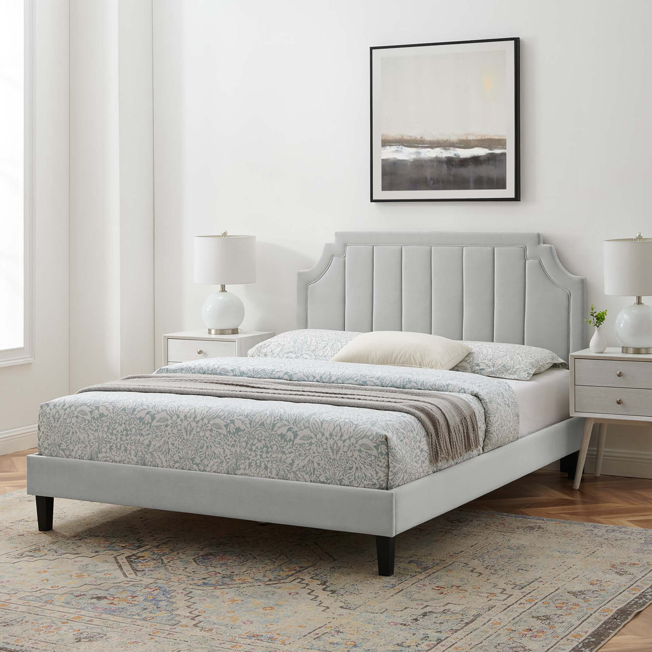Archway Upholstered Velvet Queen Platform Bed, Light Gray