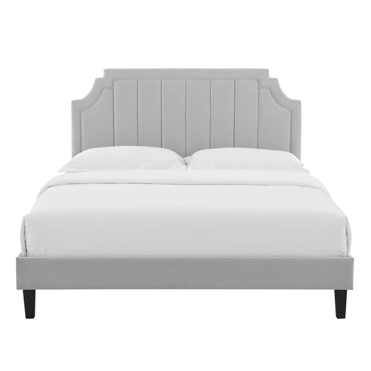 Archway Upholstered Velvet Queen Platform Bed, Light Gray