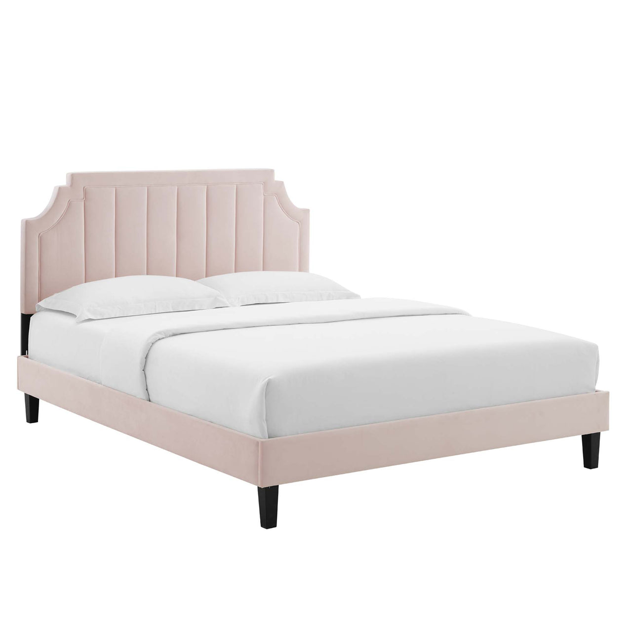 Archway Upholstered Velvet Queen Platform Bed, Pink
