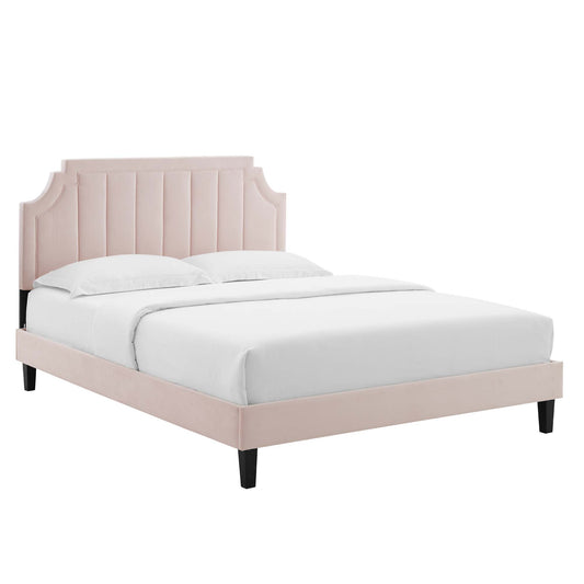 Archway Upholstered Velvet Queen Platform Bed, Pink