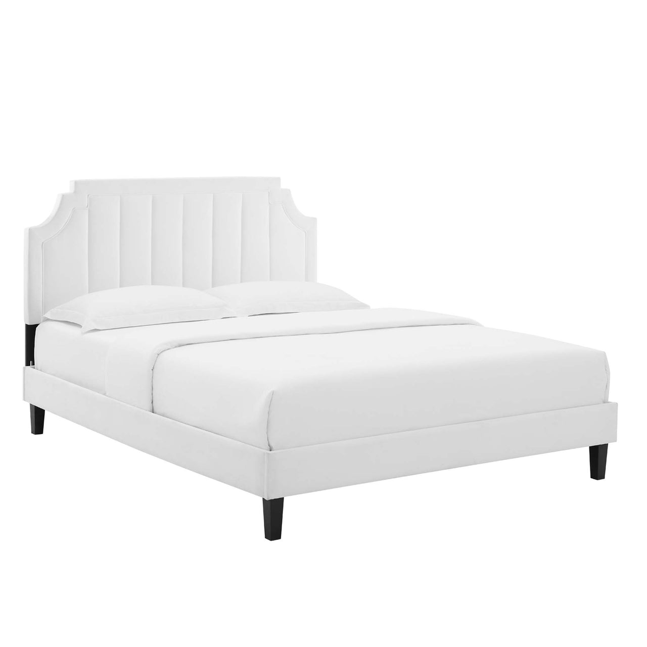 Archway Upholstered Velvet Queen Platform Bed, White