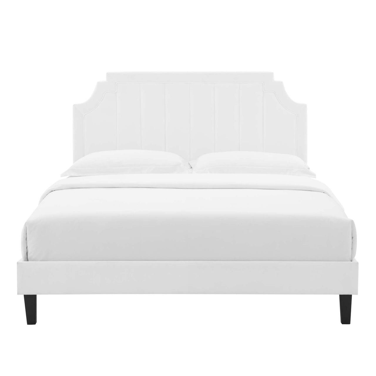 Archway Upholstered Velvet Queen Platform Bed, White