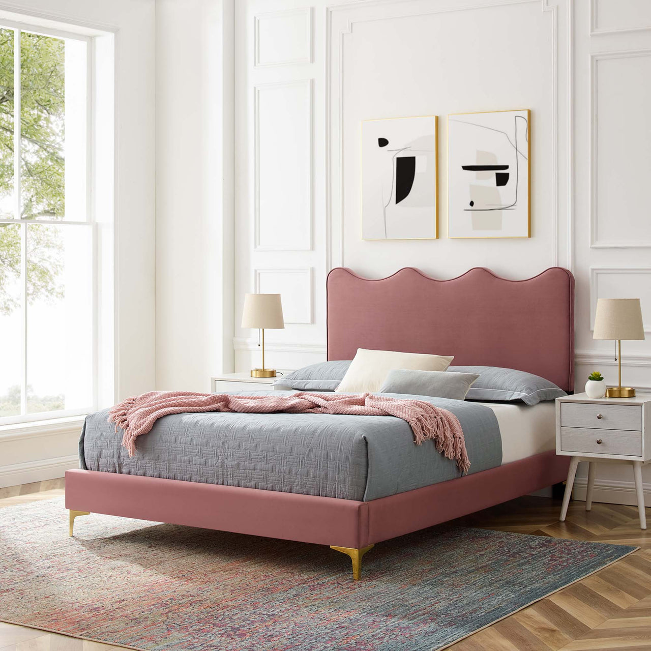Amplitude Velvet Twin Platform Bed, Dusty Rose