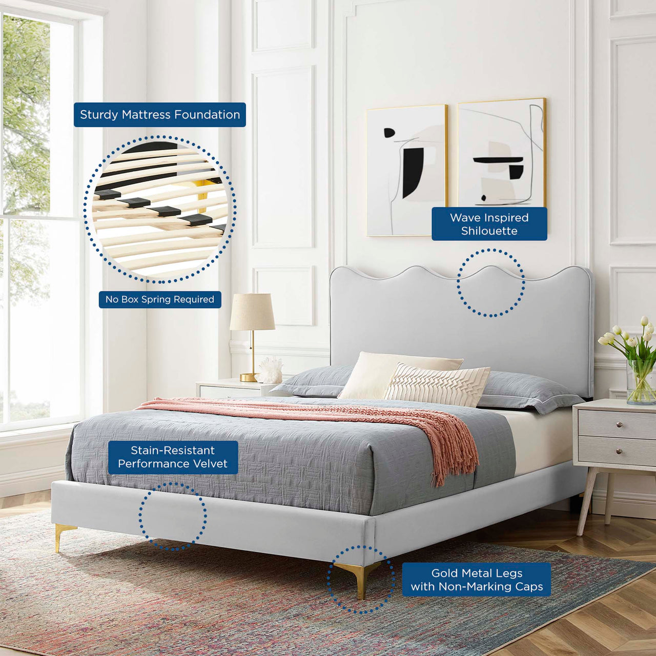 Amplitude Velvet Twin Platform Bed, Light Gray