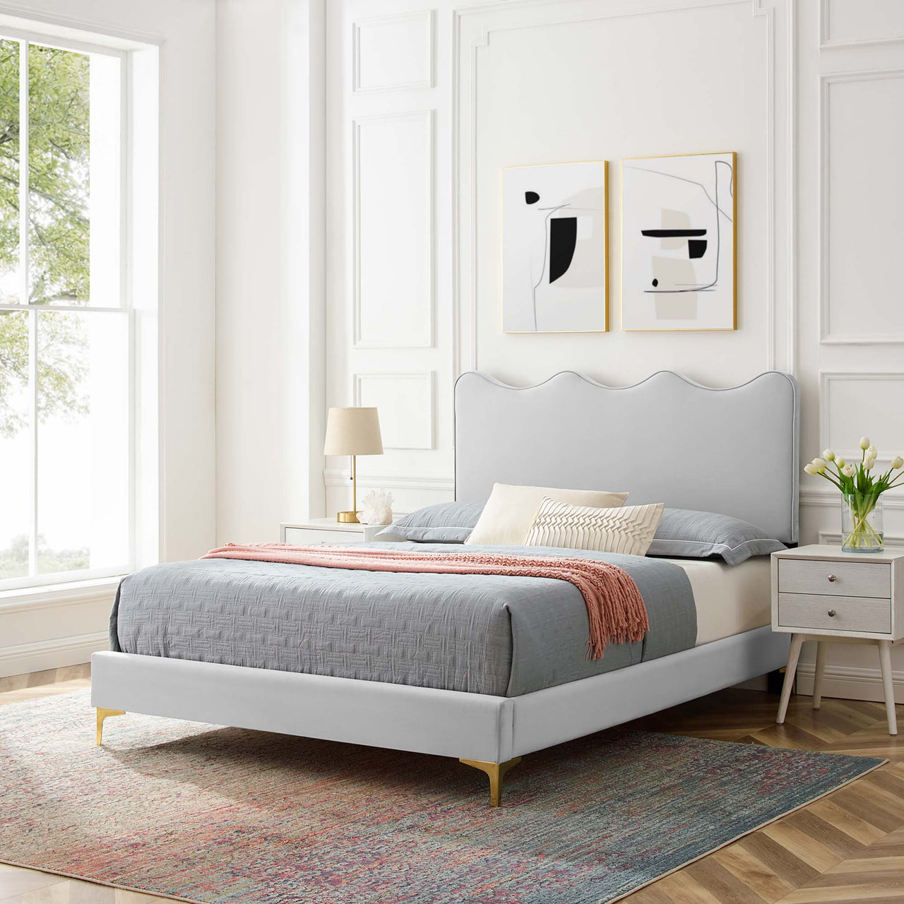 Amplitude Velvet Twin Platform Bed, Light Gray