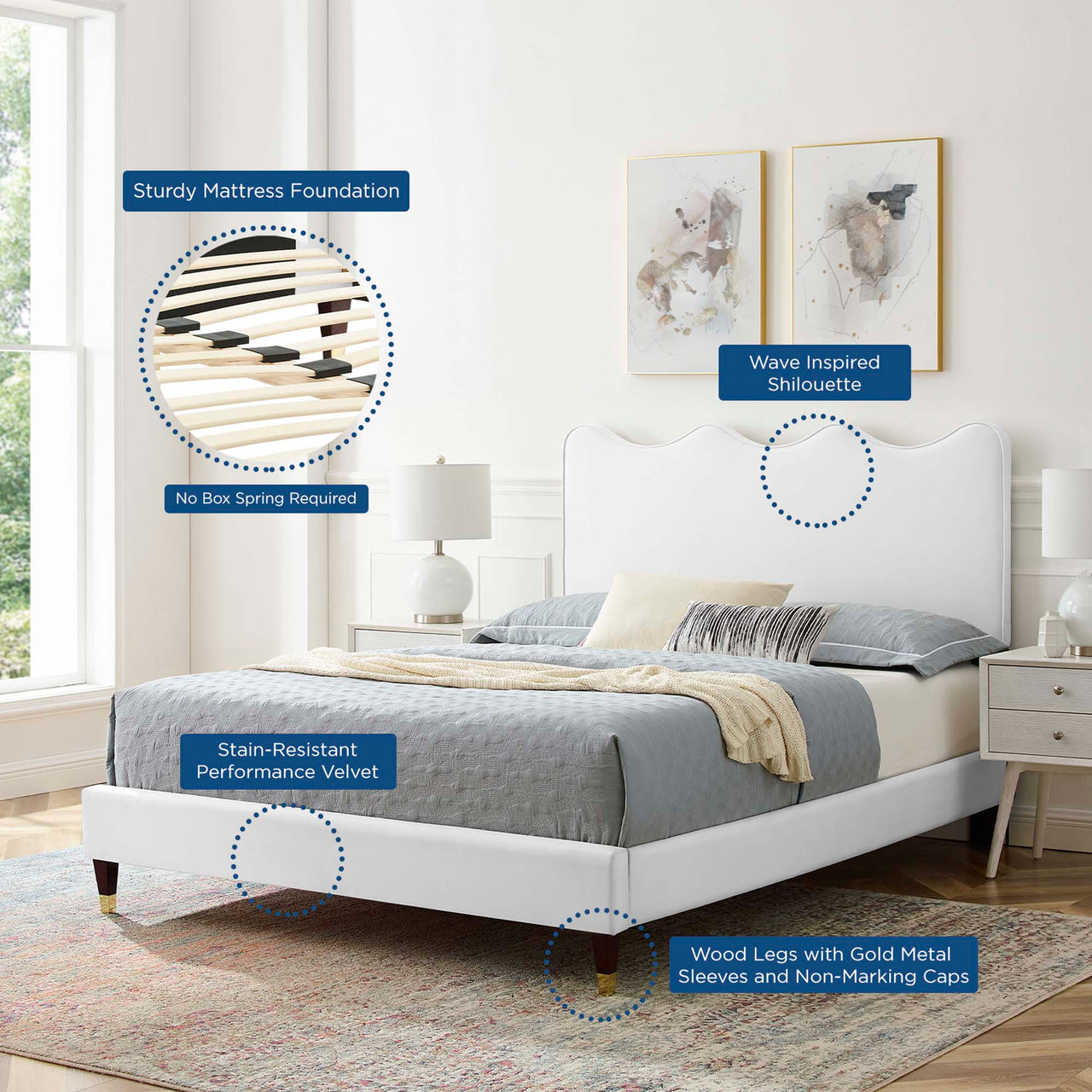 Amplitude Velvet Twin Platform Bed, White