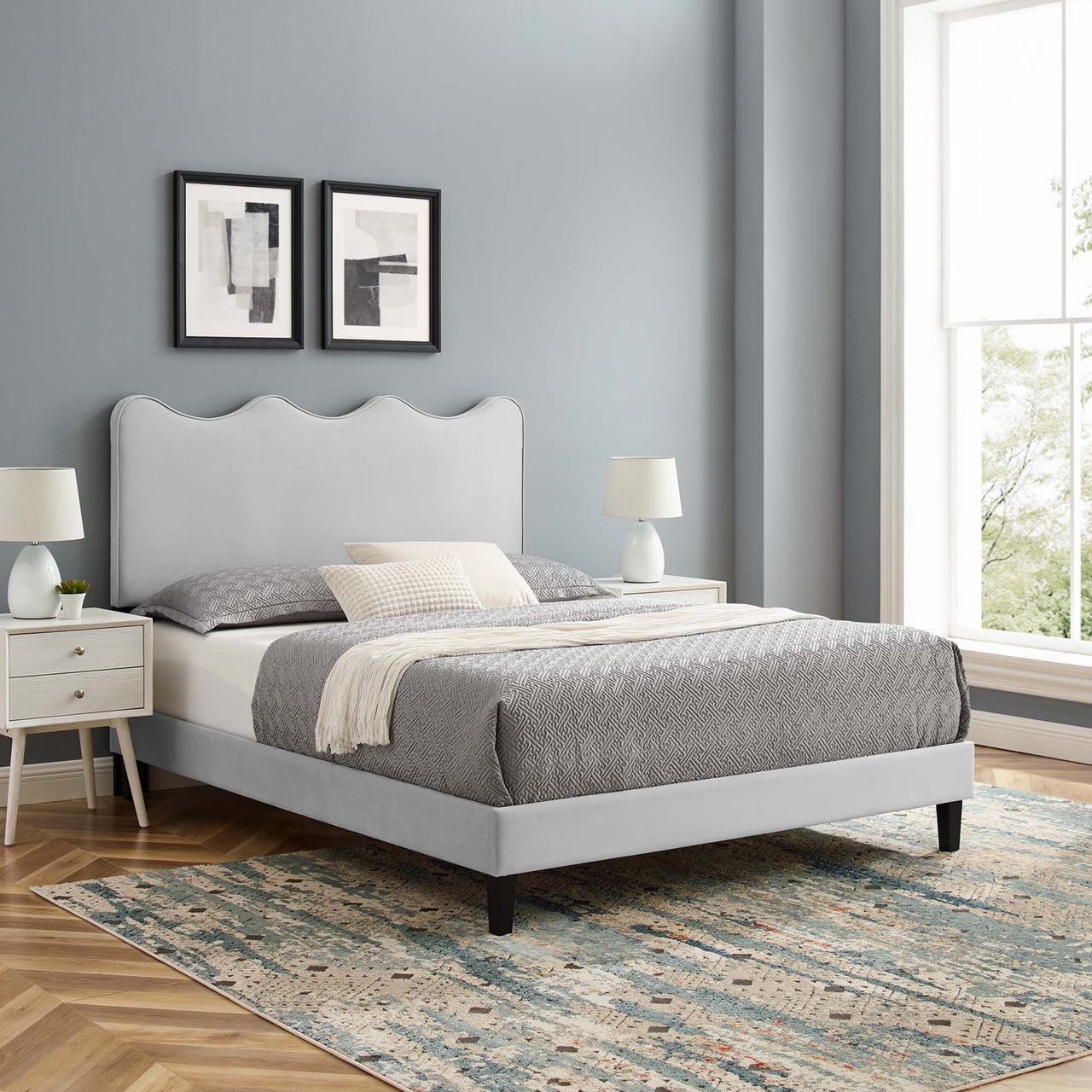 Amplitude Velvet Full Platform Bed, Light Gray
