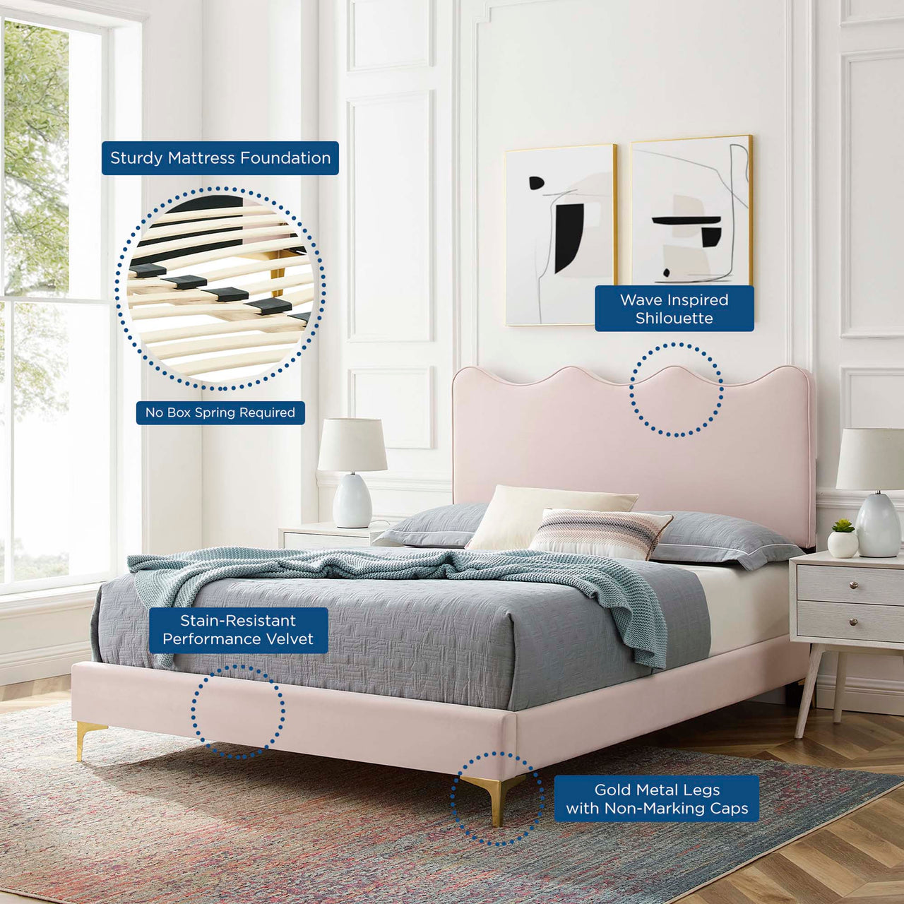Amplitude Velvet Queen Platform Bed, Pink
