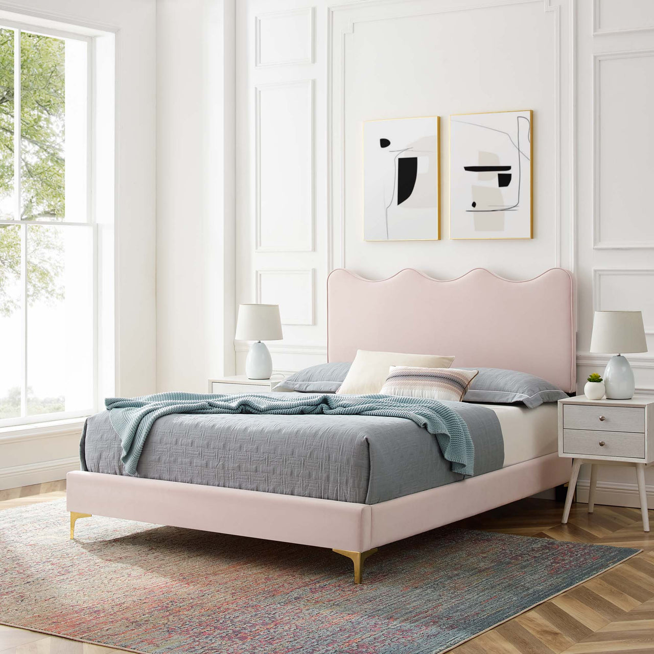 Amplitude Velvet Queen Platform Bed, Pink