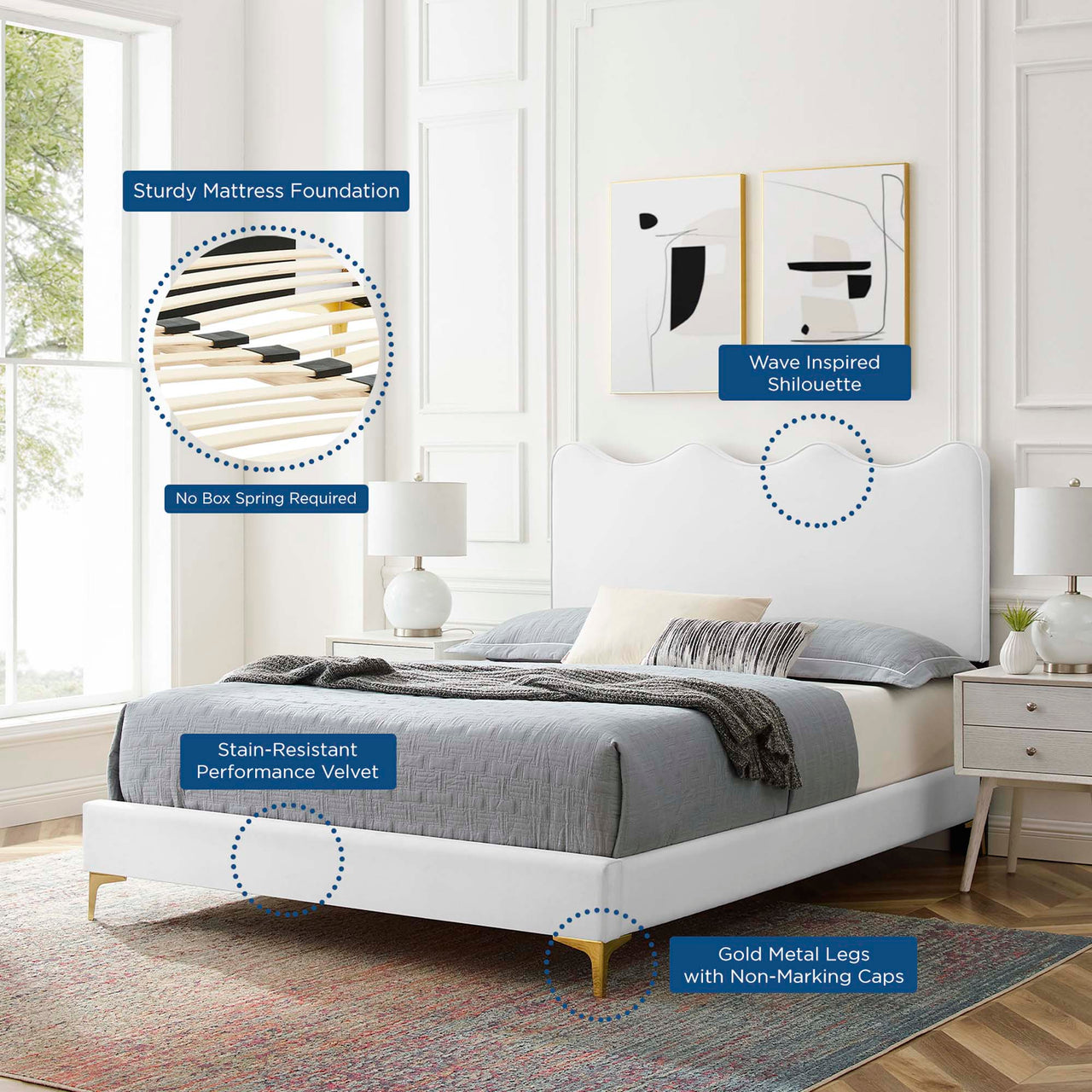 Amplitude Velvet Queen Platform Bed, White