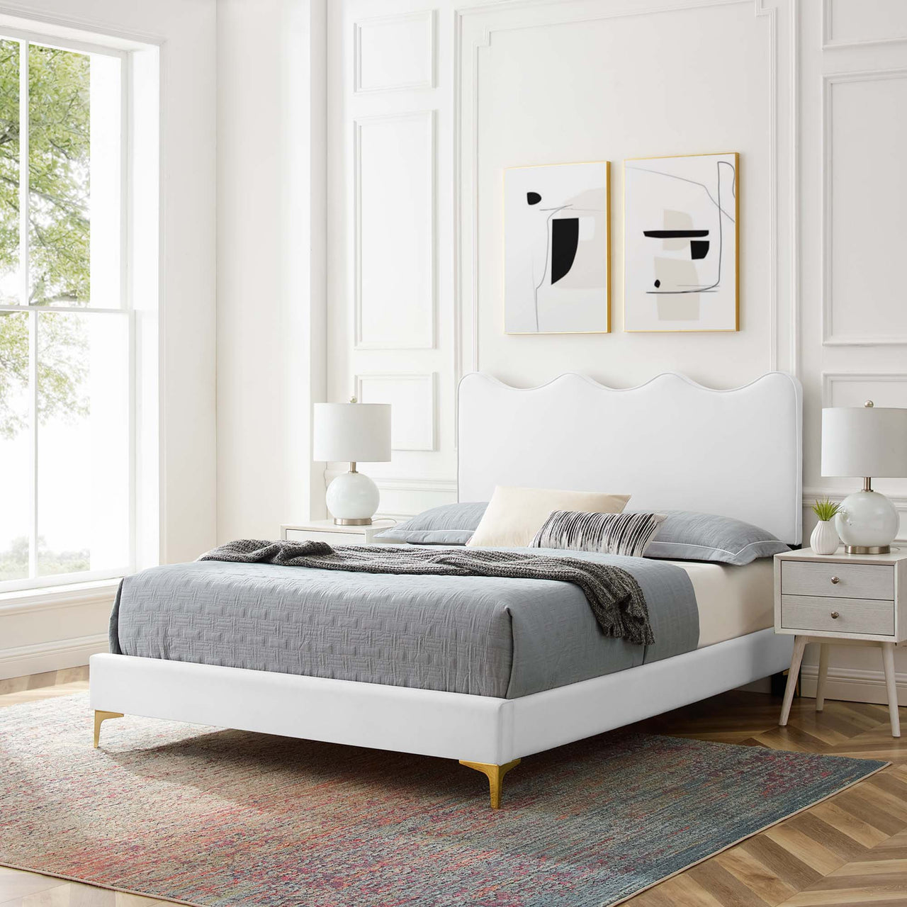 Amplitude Velvet Queen Platform Bed, White