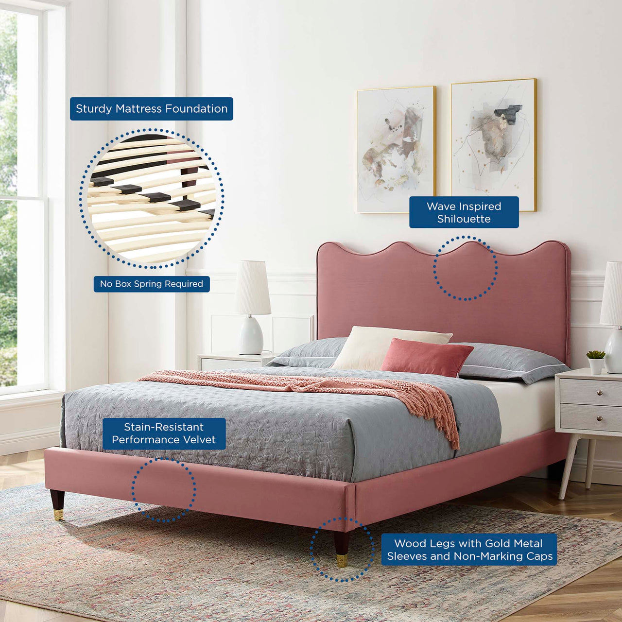 Amplitude Velvet Queen Platform Bed, Dusty Rose