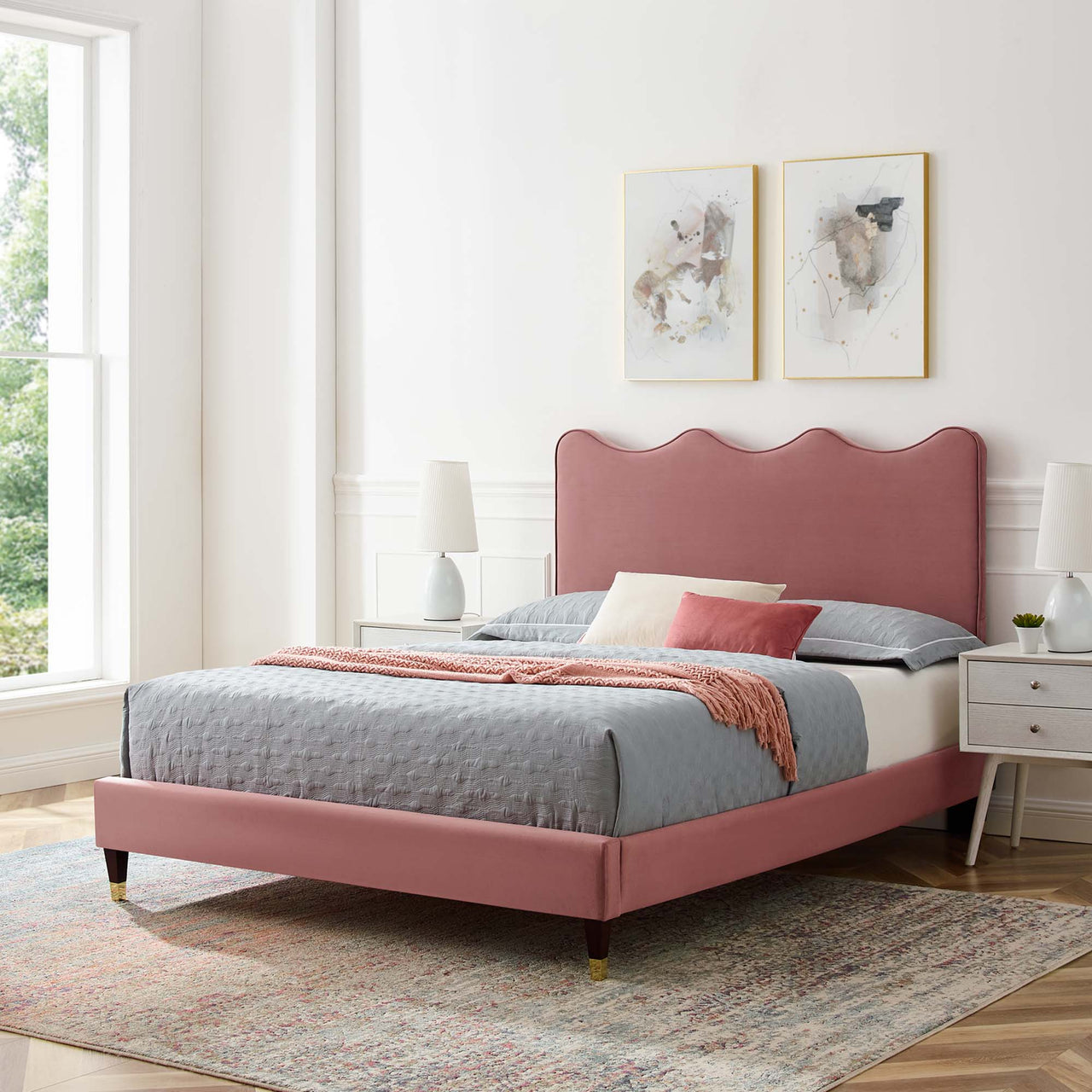 Amplitude Velvet Queen Platform Bed, Dusty Rose