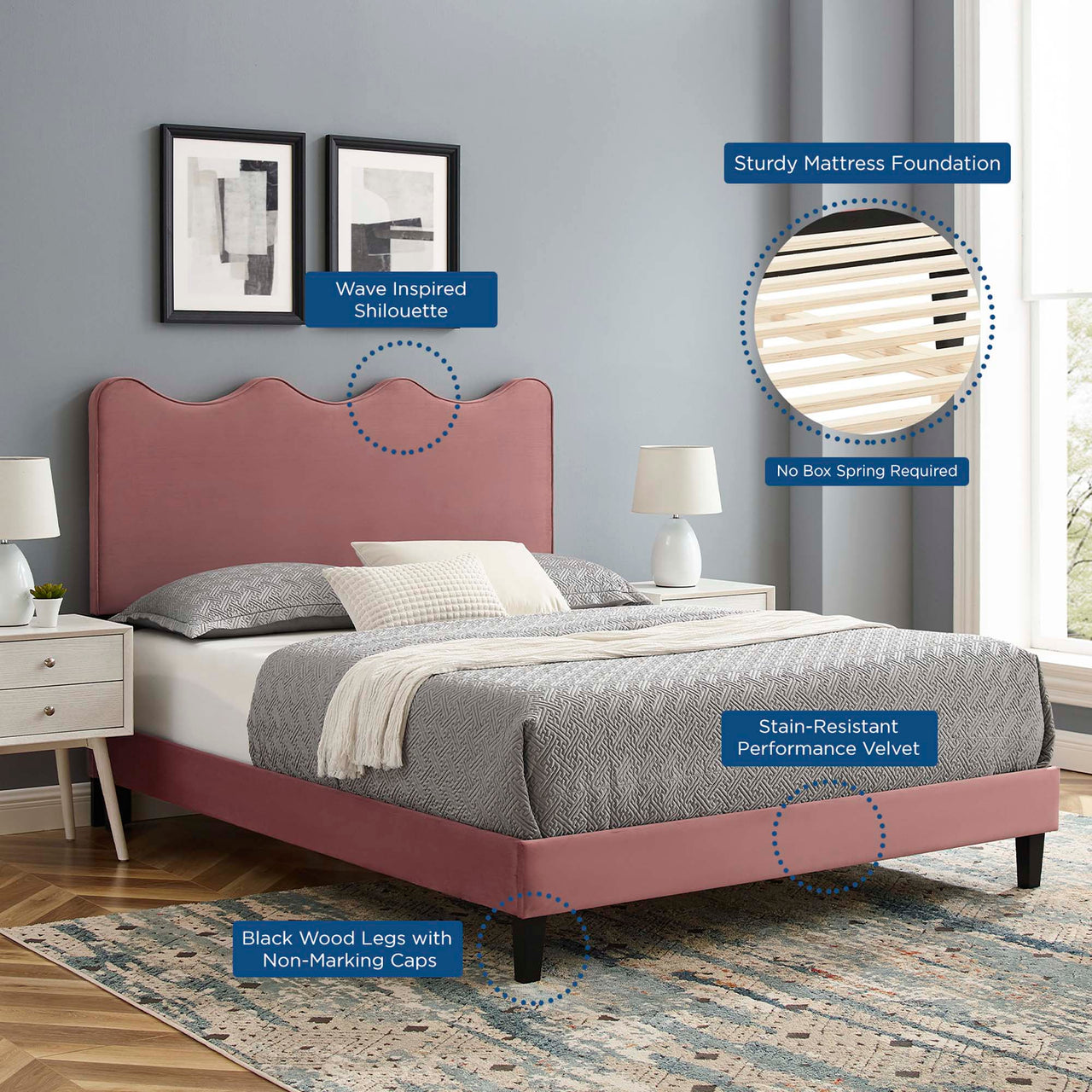 Amplitude Velvet Queen Platform Bed, Dusty Rose