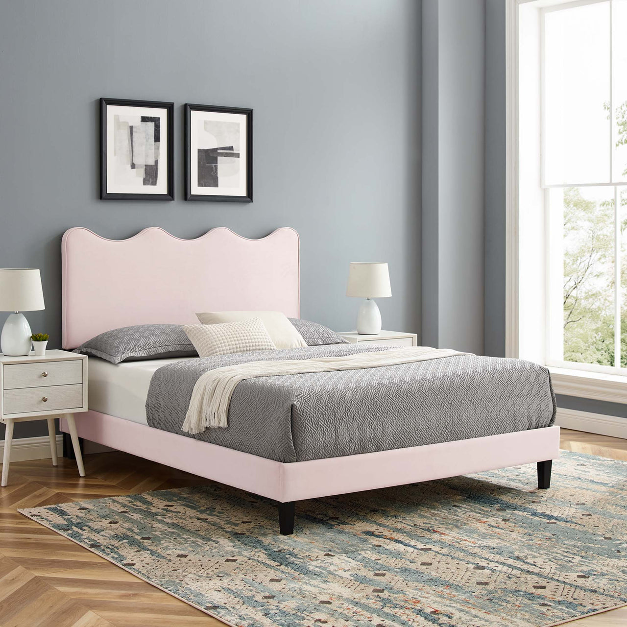 Amplitude Velvet Queen Platform Bed, Pink