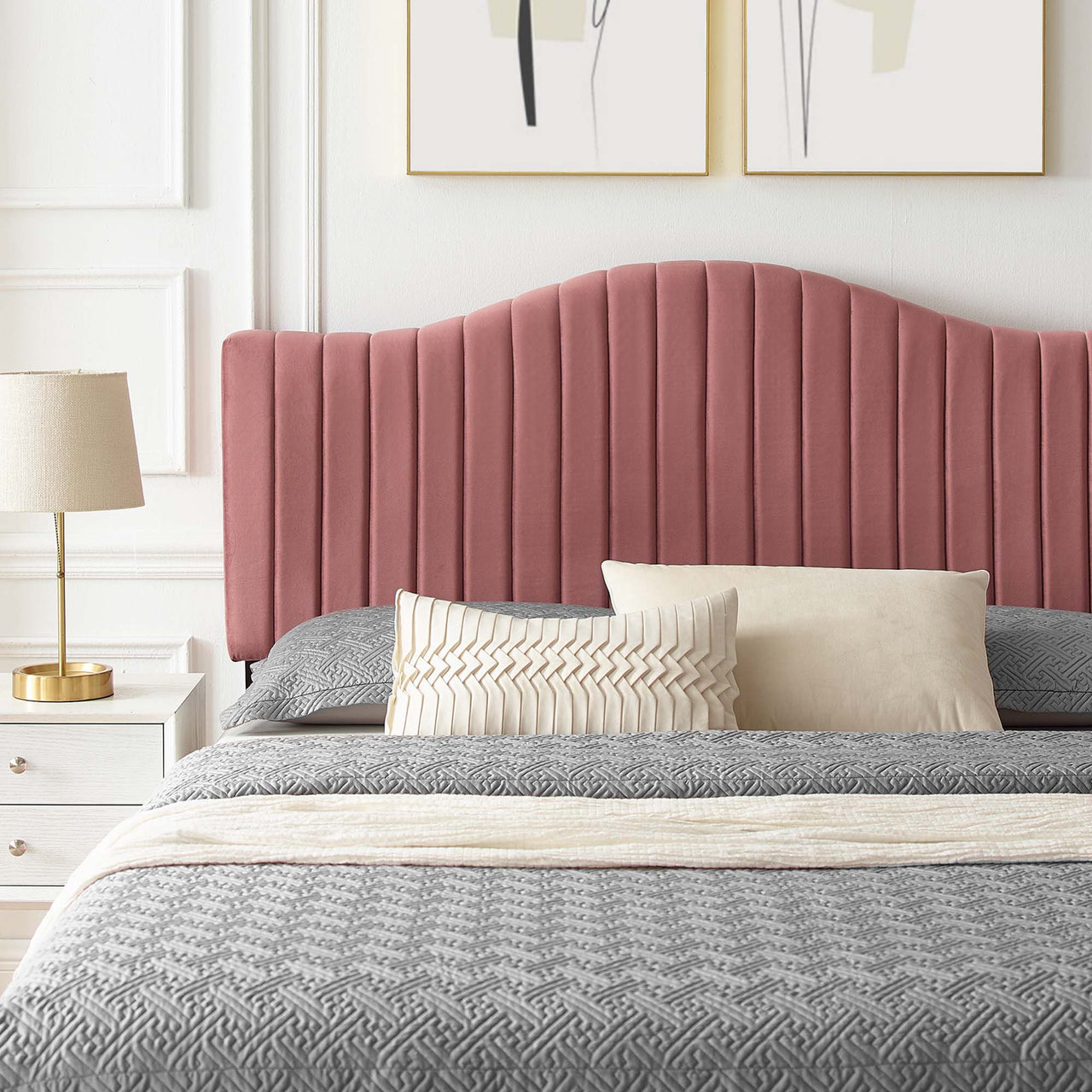 Cascade Upholstered Velvet Queen Platform Bed, Dusty Rose