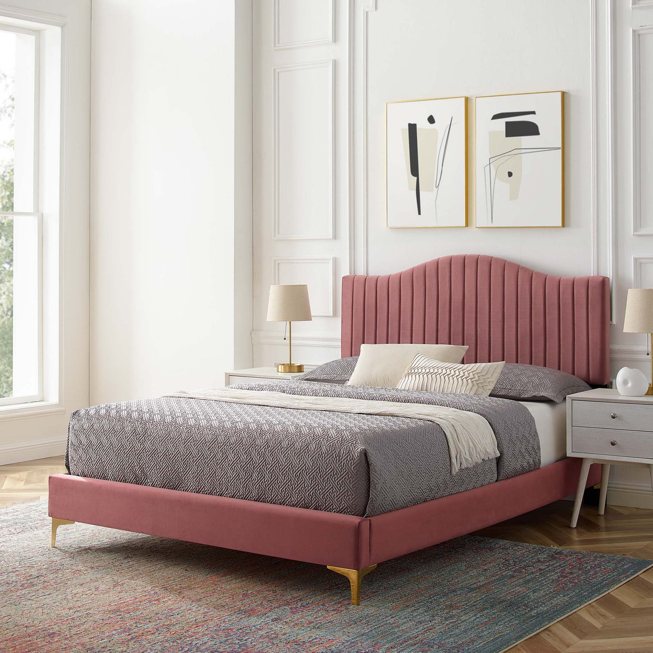Cascade Upholstered Velvet Queen Platform Bed, Dusty Rose