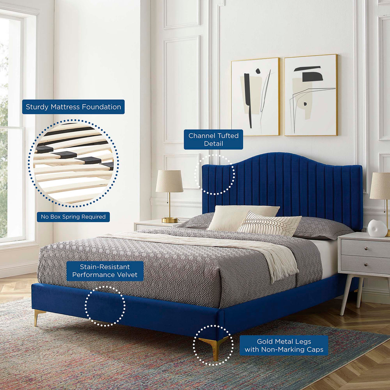 Cascade Upholstered Velvet Queen Platform Bed, Navy